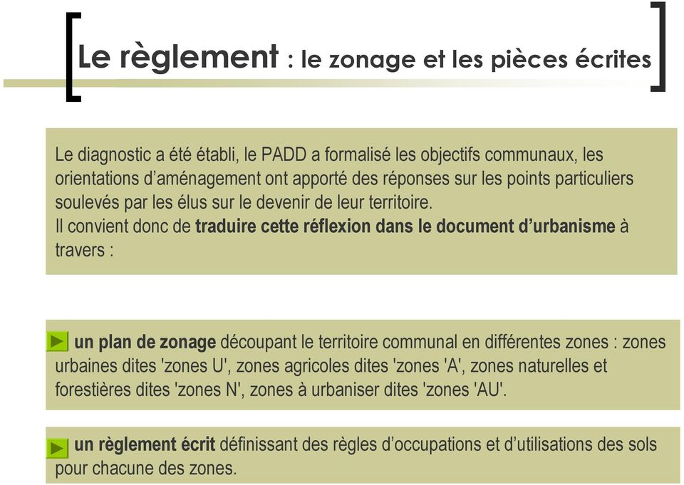 Il convient donc de traduire cette réflexion dans le document d urbanisme à travers : - un plan de zonage découpant le territoire communal en différentes zones : zones