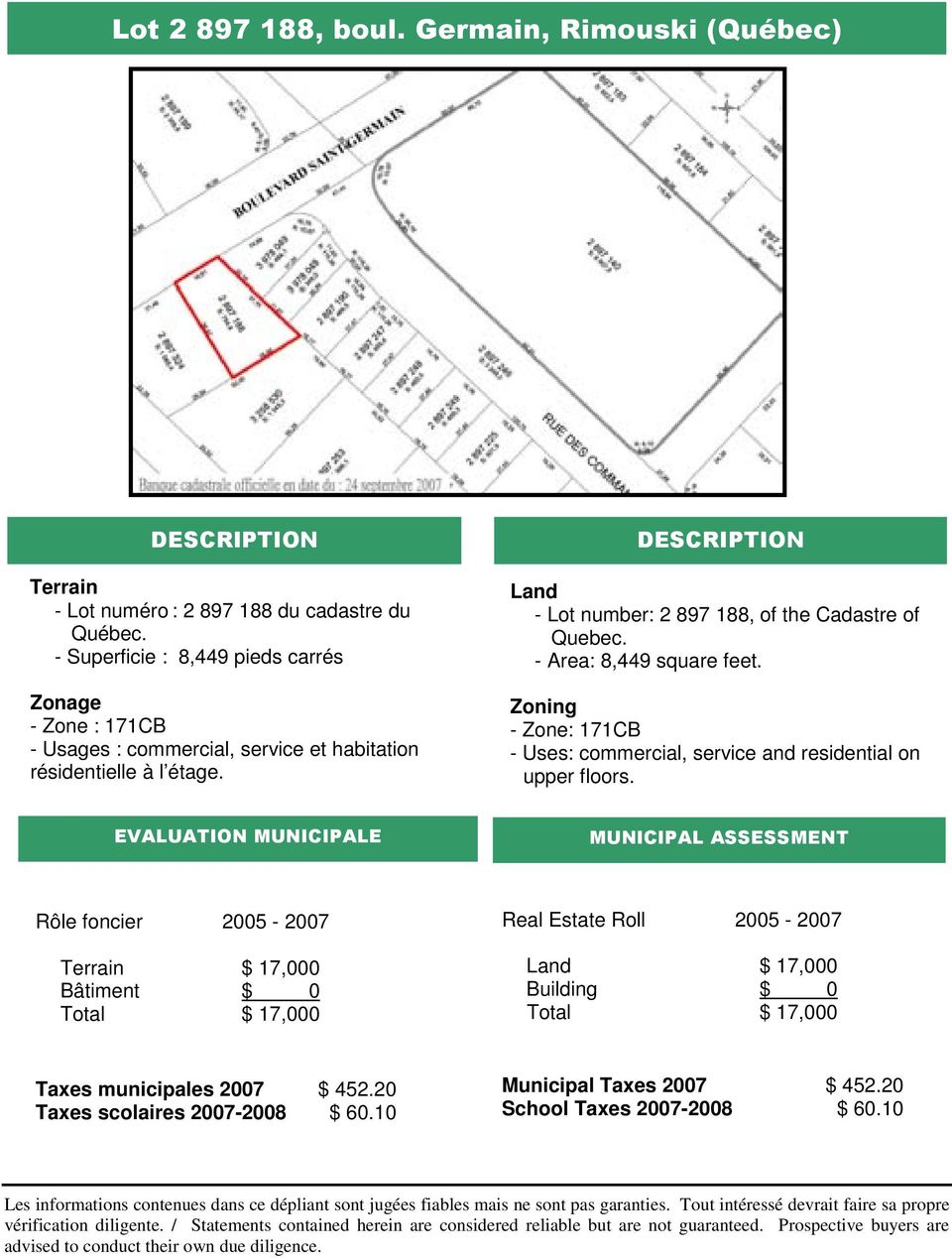 DESCRIPTION Land - Lot number: 2 897 188, of the Cadastre of Quebec. - Area: 8,449 square feet. Zoning - Zone: 171CB - Uses: commercial, service and residential on upper floors.