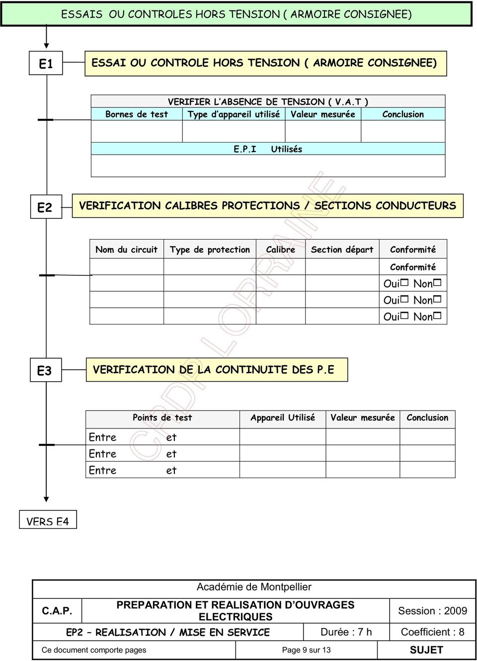 I Utilisés E2 VERIFICATION CALIBRES PROTECTIONS / SECTIONS CONDUCTEURS Nom du circuit Type de protection Calibre Section