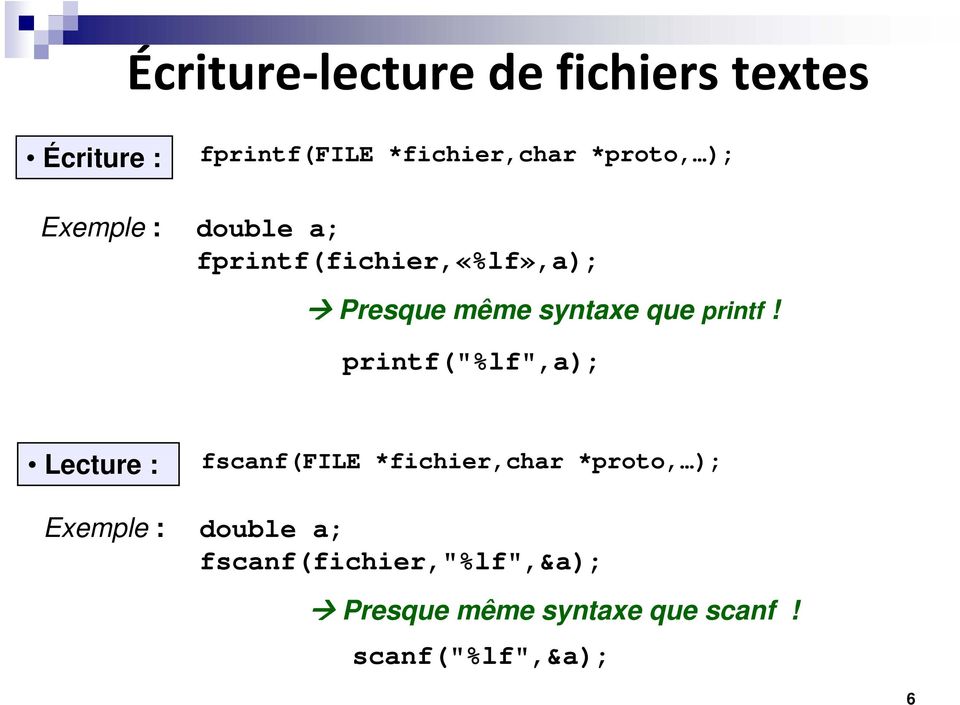 printf("%lf",a); Lecture : fscanf(file f(file *fichier,char h *proto, ); Exemple :