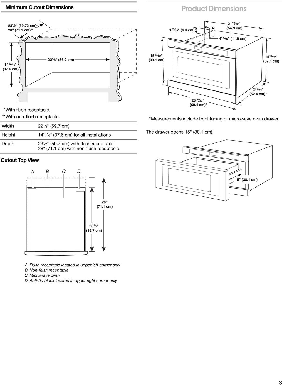 7 cm) with flush receptacle; 28" (71.1 cm) with non-flush receptacle 23²⁵ ₃₂" (60.4 cm)* *Measurements include front facing of microwave oven drawer. The drawer opens 15" (38.1 cm). 24⁹ ₁₆" (62.