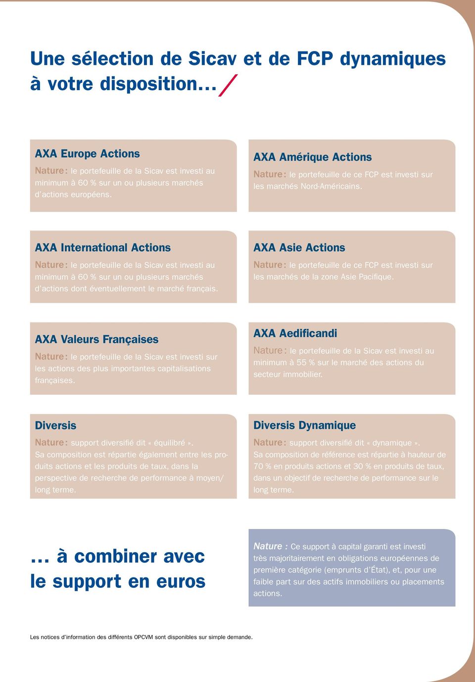 AXA International Actions Nature : le portefeuille de la Sicav est investi au minimum à 60 % sur un ou plusieurs marchés d actions dont éventuellement le marché français.