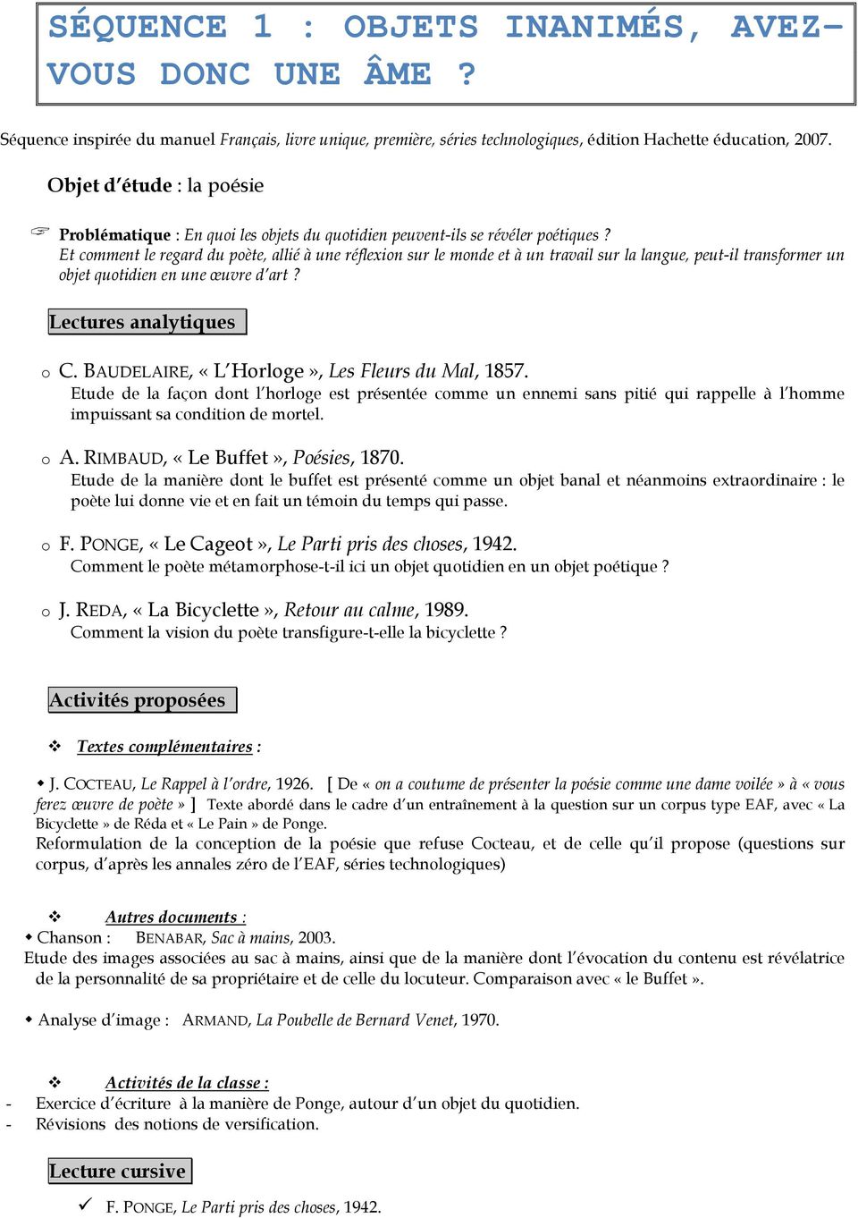 Lecture Cursive Le Parti Pris Des Choses SÉQUENCE 1 : OBJETS INANIMÉS, AVEZ- VOUS DONC UNE ÂME? - PDF Téléchargement  Gratuit