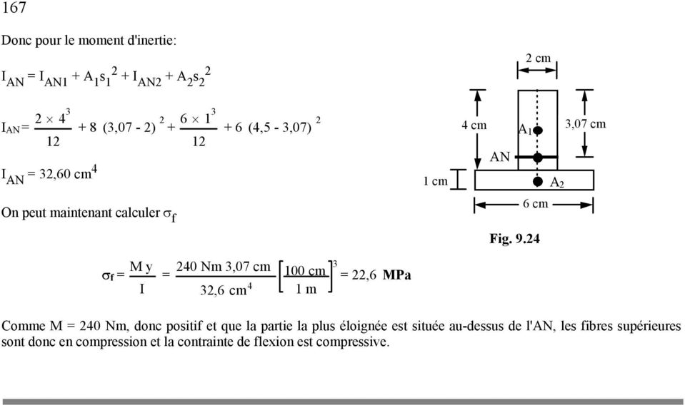 24 σ f = M y I = 240 Nm 3,07 cm 100 cm 32, 4 1 m 3 = 22,6 MPa Comme M = 240 Nm, donc positif et que la partie la