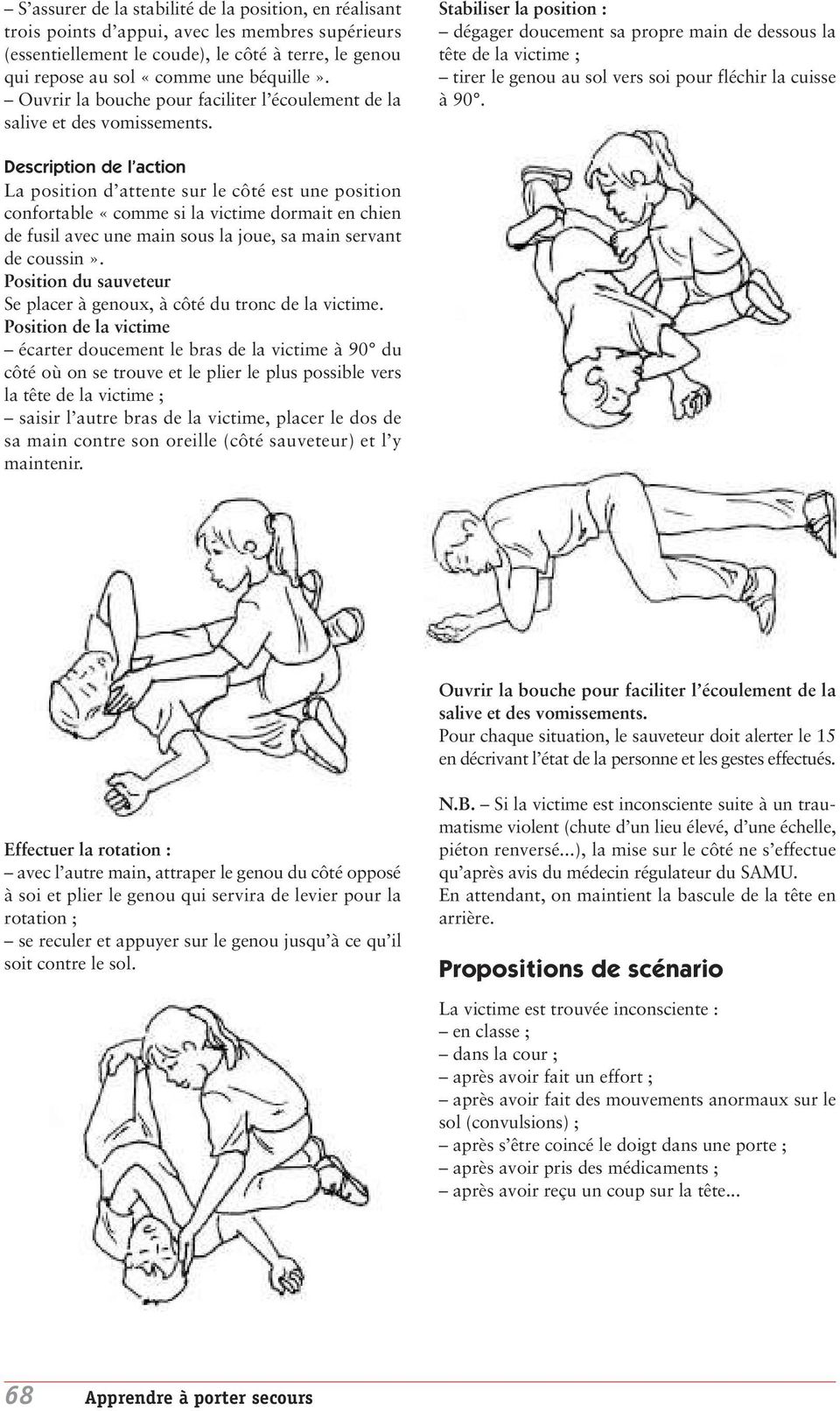 Stabiliser la position : dégager doucement sa propre main de dessous la tête de la victime ; tirer le genou au sol vers soi pour fléchir la cuisse à 90.