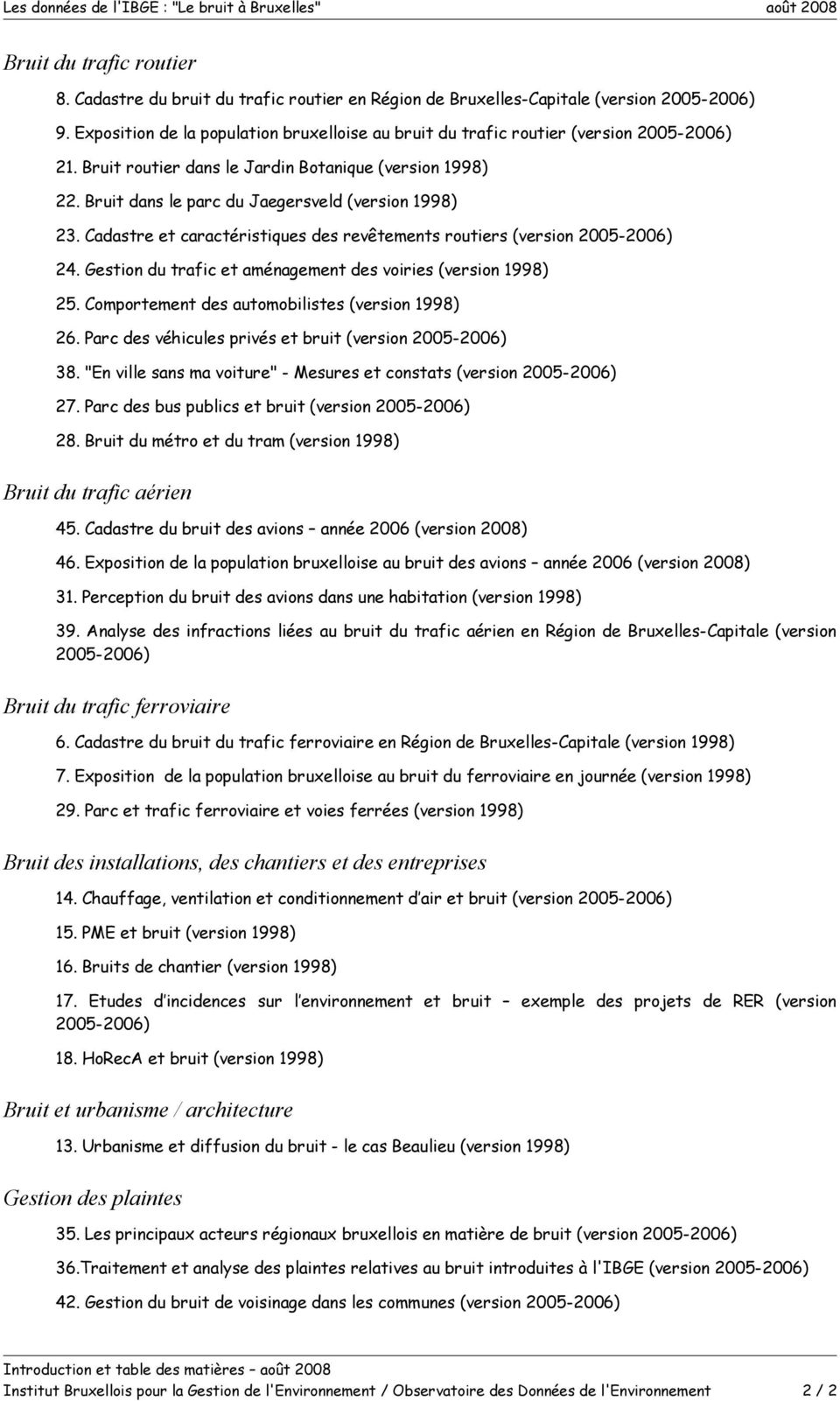 Bruit dans le parc du Jaegersveld (version 1998) 23. Cadastre et caractéristiques des revêtements routiers (version 2005-2006) 24. Gestion du trafic et aménagement des voiries (version 1998) 25.