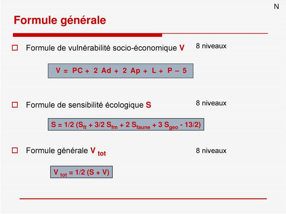 écologique S 8 niveaux S = 1/2 (S ft + 3/2 S fm + 2 S faune + 3