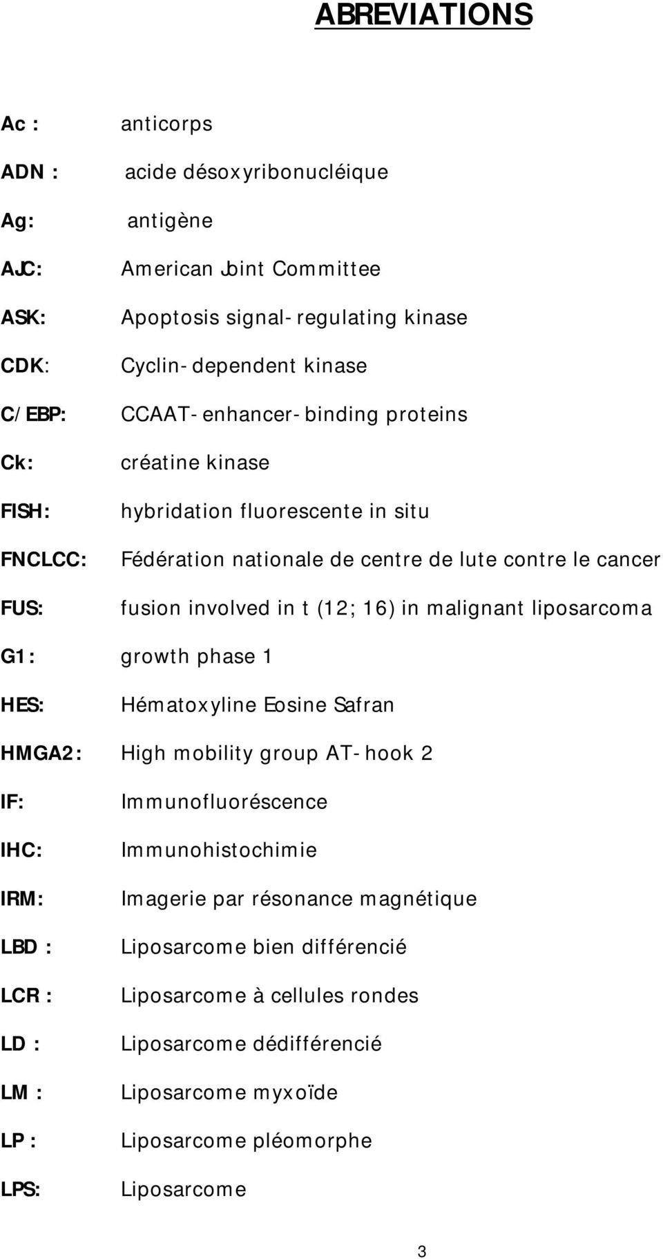 (12; 16) in malignant liposarcoma G1: growth phase 1 HES: Hématoxyline Eosine Safran HMGA2: High mobility group AT-hook 2 IF: IHC: IRM: LBD : LCR : LD : LM : LP : LPS: