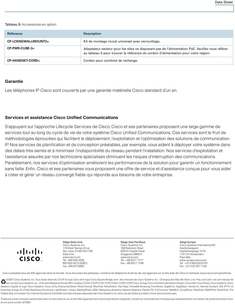 Cordon pour combiné de rechange. Garantie Les téléphones IP Cisco sont couverts par une garantie matérielle Cisco standard d un an.