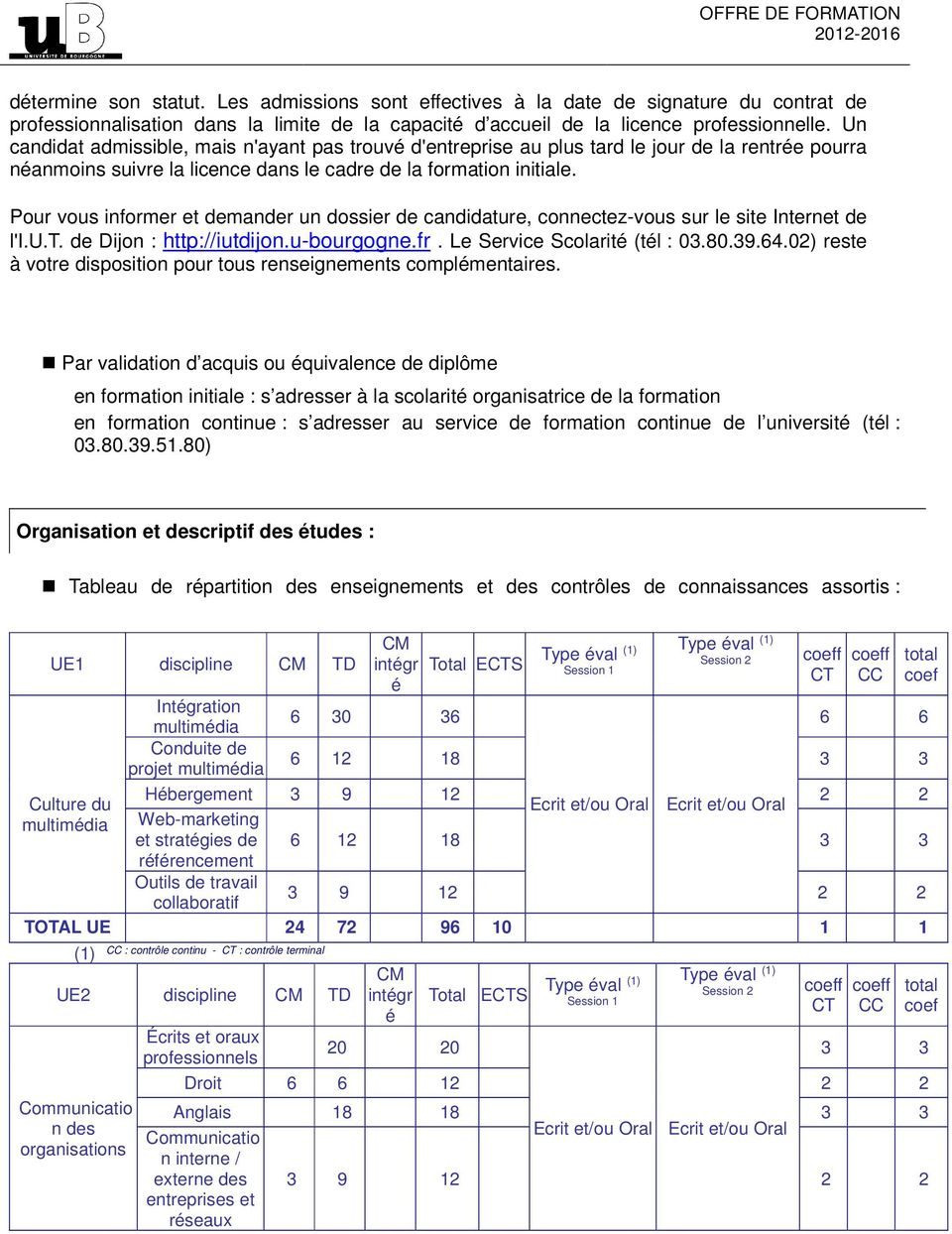 Pour vous informer et demander un dossier de candidature, connectez-vous sur le site Internet de l'i.u.t. de Dijon : http://iutdijon.u-bourgogne.fr. Le Service Scolarit (tl : 03.80.39.64.