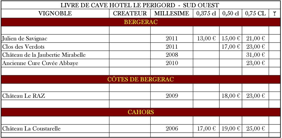 Mirabelle 2008 31,00 Ancienne Cure Cuvée Abbaye 2010 23,00 CÔTES DE BERGERAC