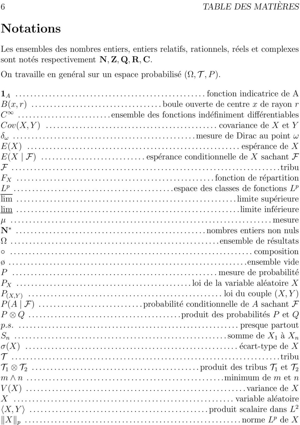 .. covariance de X et Y δ ω...mesure de Dirac au point ω E(X)... espérance de X E(X F)...espérance conditionnelle de X sachant F F...tribu F X...fonction de répartition L p.