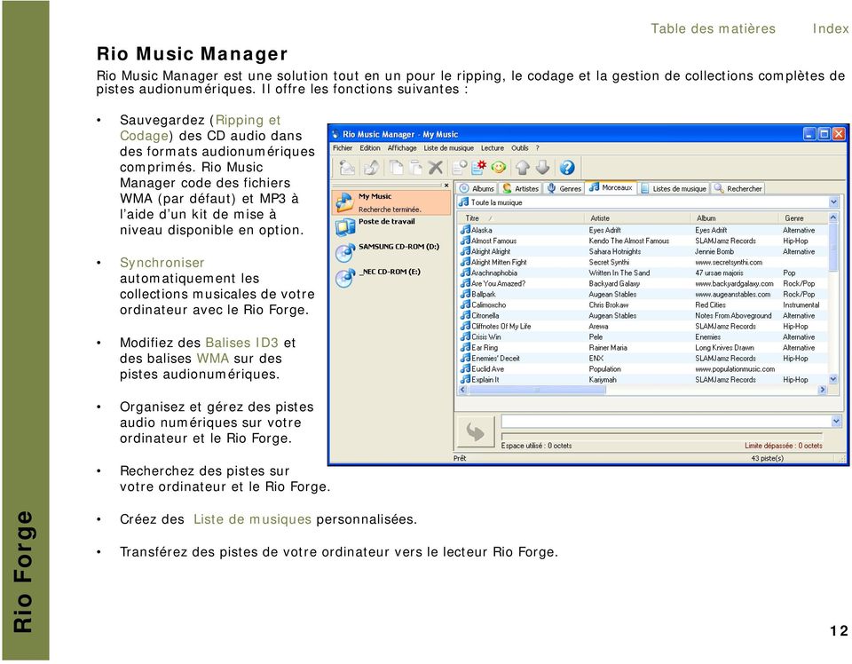 Rio Music Manager code des fichiers WMA (par défaut) et MP3 à l aide d un kit de mise à niveau disponible en option.