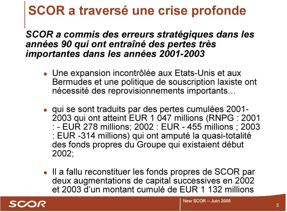 2001-2003 qui ont atteint EUR 1 047 millions (RNPG : 2001 : - EUR 278 millions; 2002 : EUR - 455 millions ; 2003 : EUR -314 millions) qui ont amputé la quasi-totalité des fonds