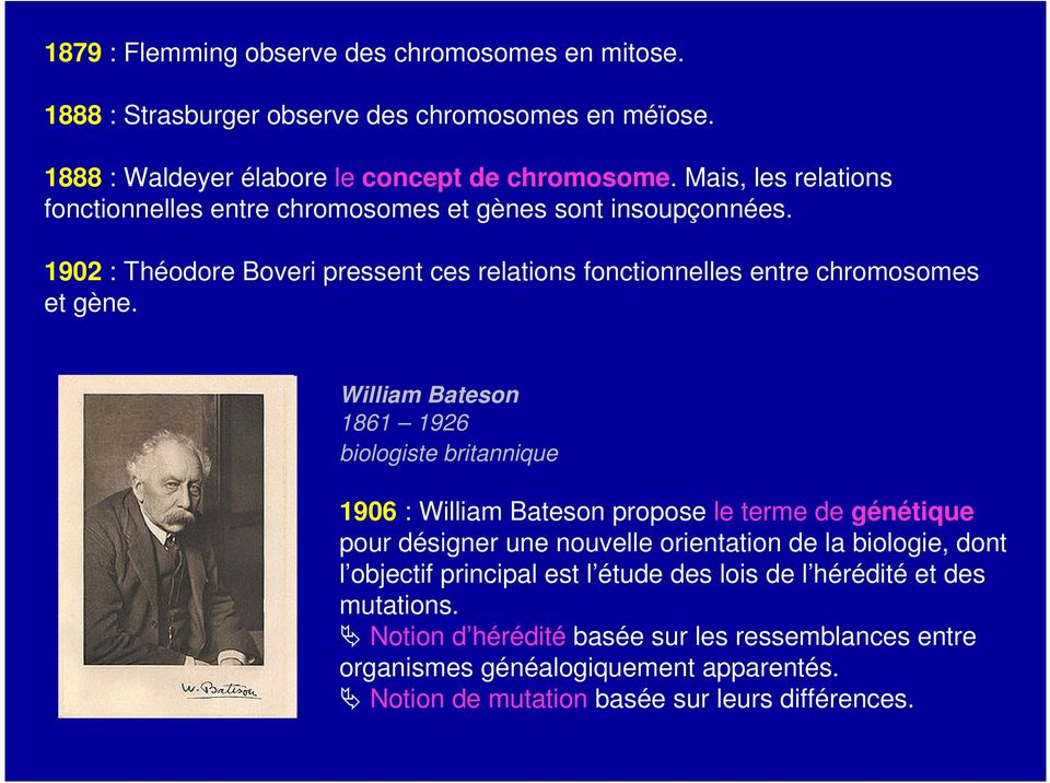 William Bateson 1861 1926 biologiste britannique 1906 : William Bateson propose le terme de génétique pour désigner une nouvelle orientation de la biologie, dont l objectif