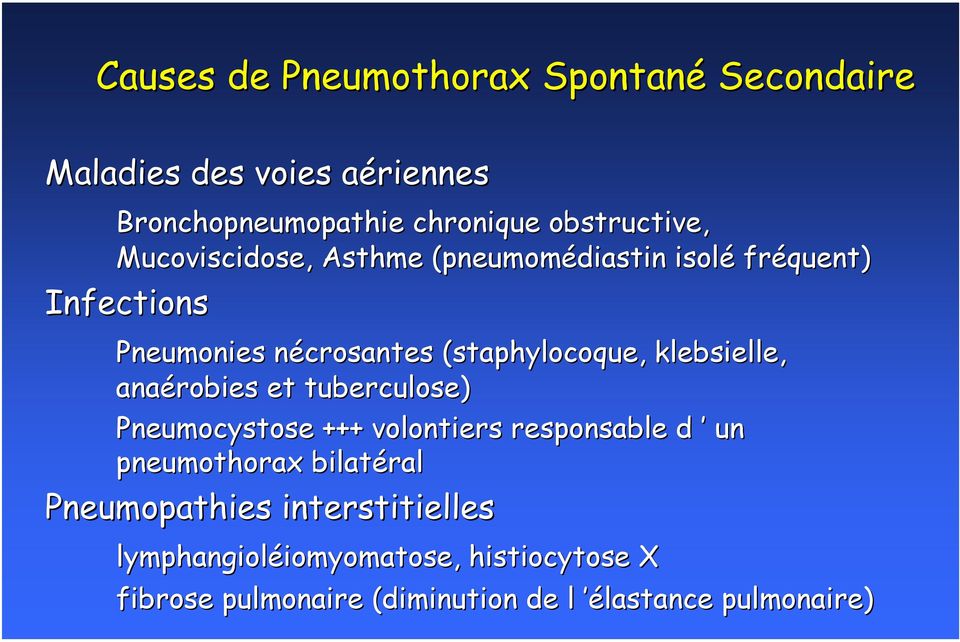 klebsielle, anaérobies et tuberculose) Pneumocystose +++ volontiers responsable d un pneumothorax bilatéral