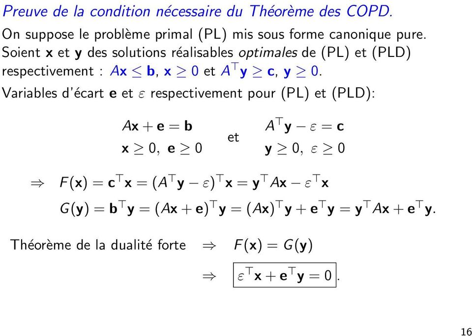 Soient x et y des solutions réalisables optimales de (PL) et (PLD) respectivement : Ax b, x 0 et A y c, y 0.