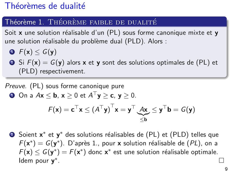 Alors : 1 F (x) G(y) 2 Si F (x) = G(y) alors x et y sont des solutions optimales de (PL) et (PLD) respectivement. Preuve.