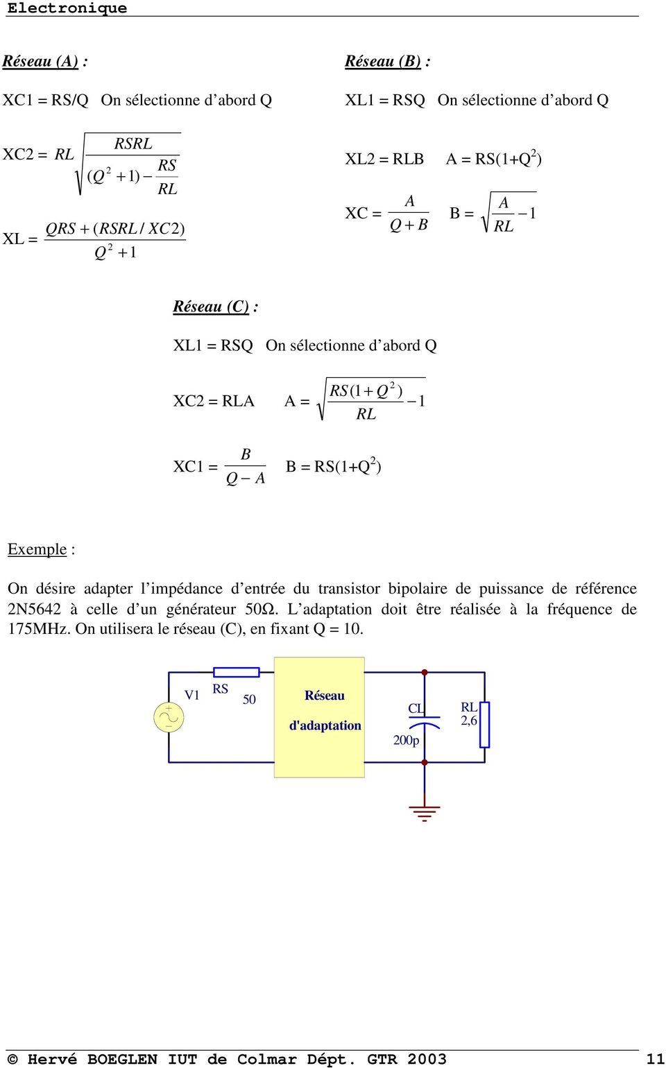 Exemple : On désire adapter l impédance d entrée du transistor bipolaire de puissance de référence 2N5642 à celle d un générateur 50Ω.