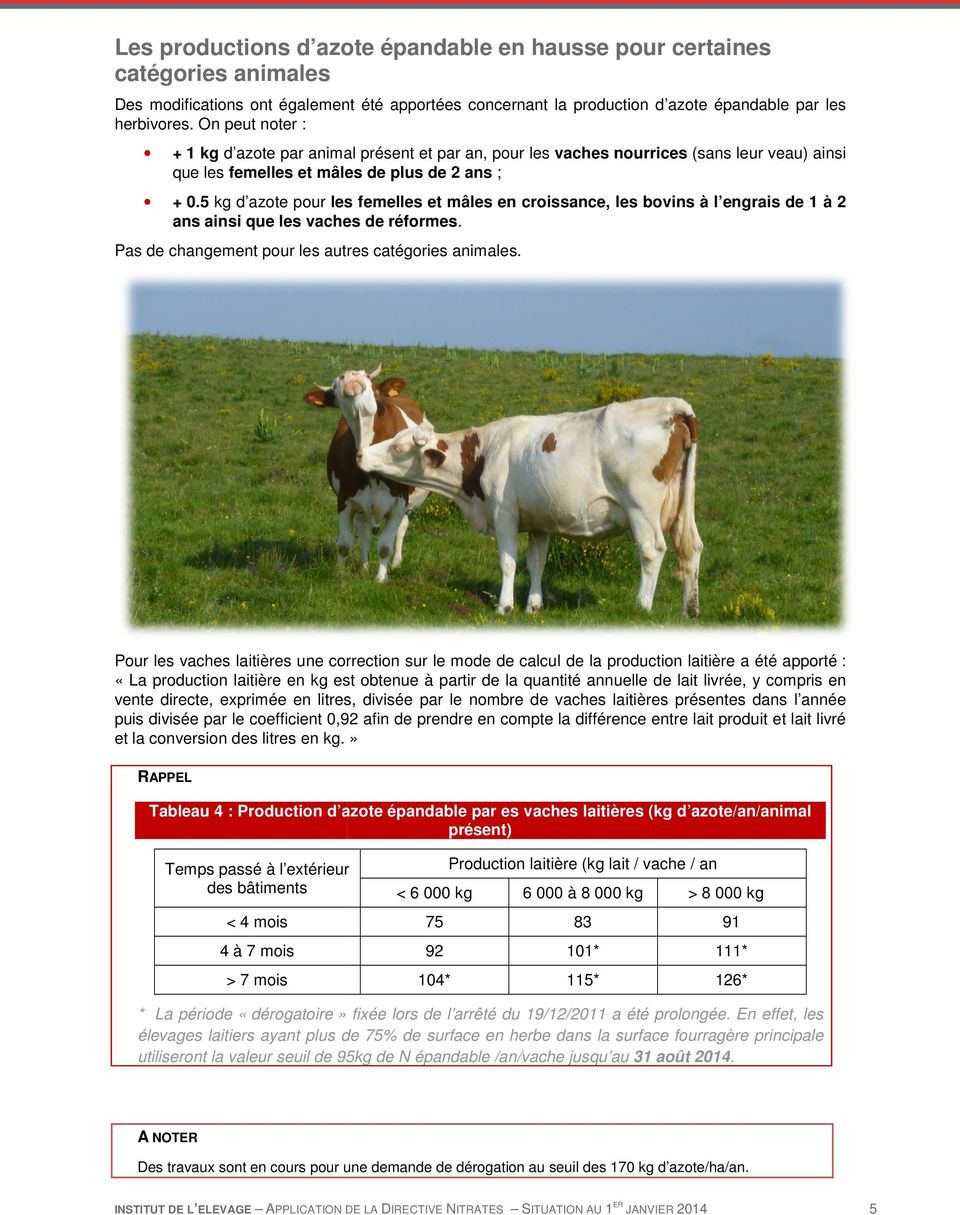 5 kg d azote pour les femelles et mâles en croissance, les bovins à l engrais de 1 à 2 ans ainsi que les vaches de réformes. réformes Pas de changement pour les autres catégories animales.
