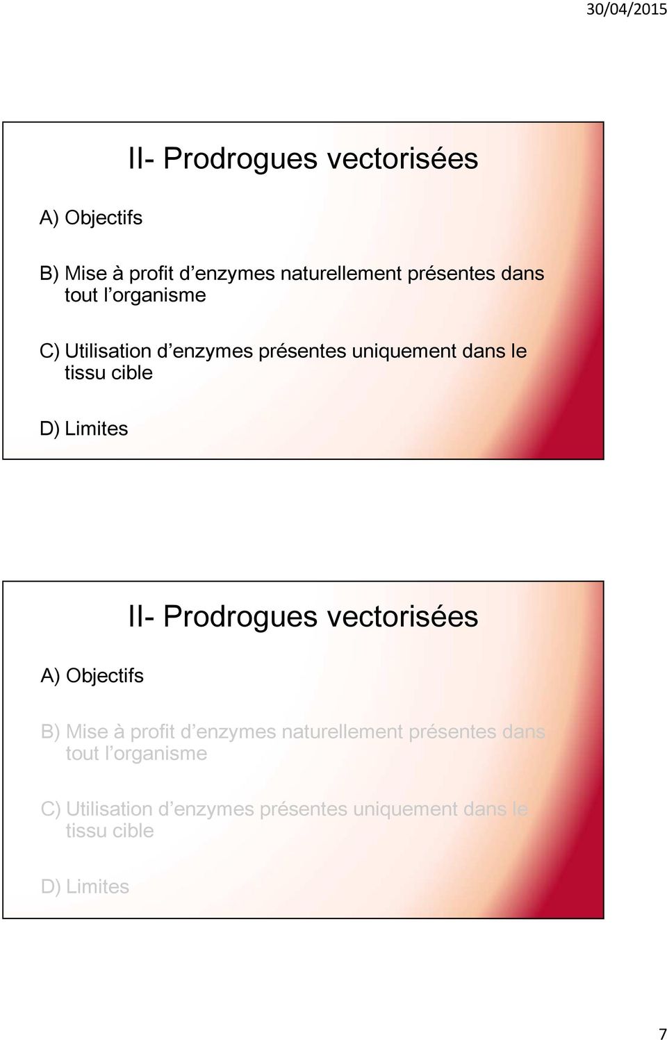 tissu cible A) Objectifs II- Prodrogues vectorisées B) Mise à profit d enzymes