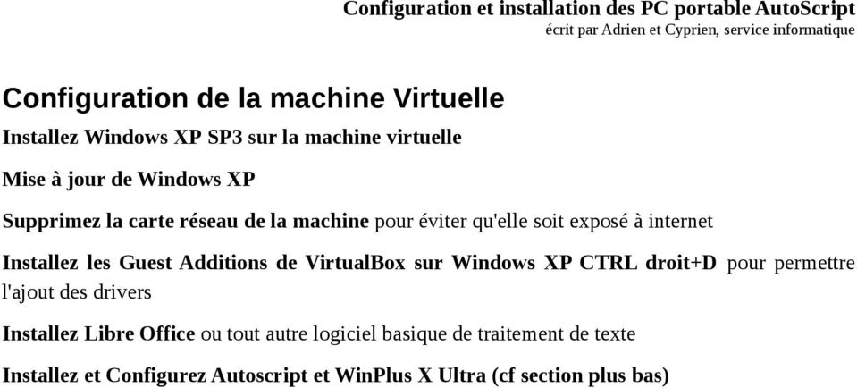 de VirtualBox sur Windows XP CTRL droit+d pour permettre l'ajout des drivers Installez Libre Office ou tout autre
