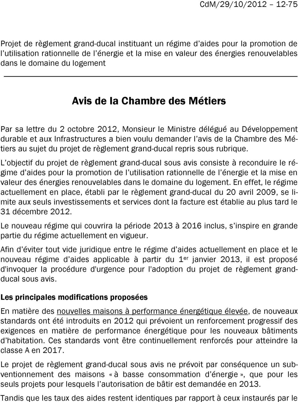 Chambre des Métiers au sujet du projet de règlement grand-ducal repris sous rubrique.