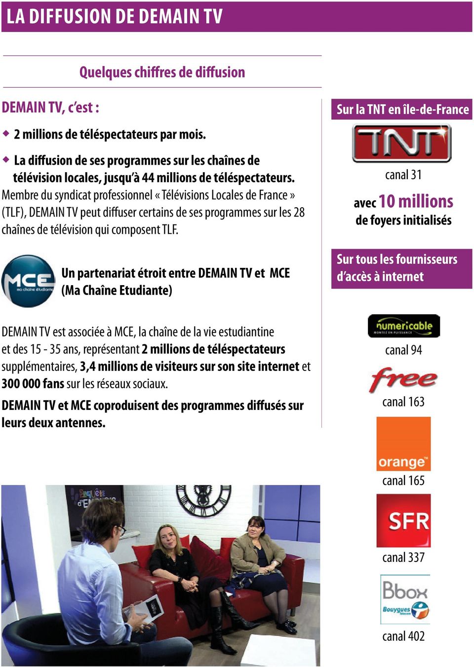 Membre du syndicat professionnel «Télévisions Locales de France» (TLF), DEMAIN TV peut diffuser certains de ses programmes sur les 28 chaînes de télévision qui composent TLF.
