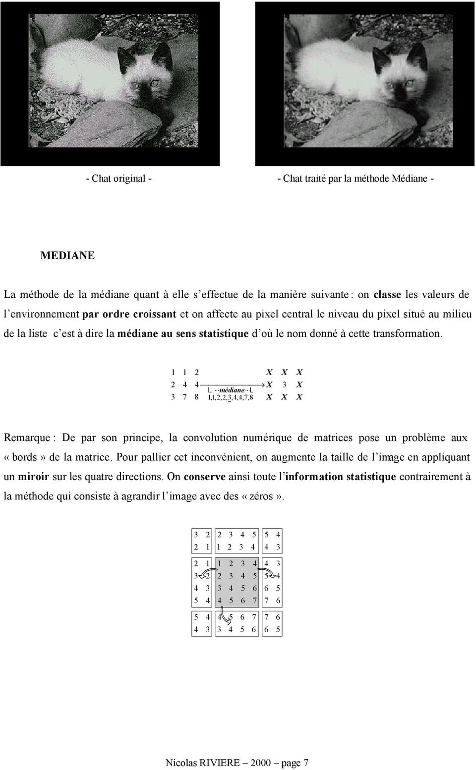 X X X X X X X X médiane 3 8 7 3 2 2 1 1 1,1,2,2,3,,,7,8 L L Remarque : De par son principe, la convolution numérique de matrices pose un problème aux «bords» de la matrice.