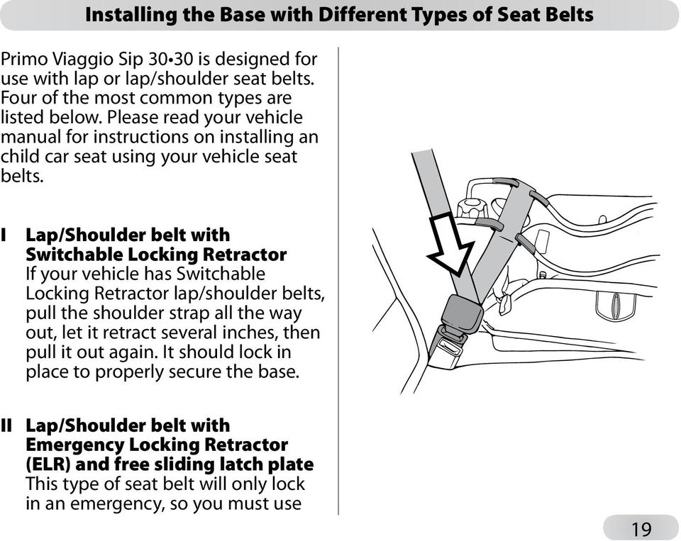 I Lap/Shoulder belt with Switchable Locking Retractor If your vehicle has Switchable Locking Retractor lap/shoulder belts, pull the shoulder strap all the way out, let it retract