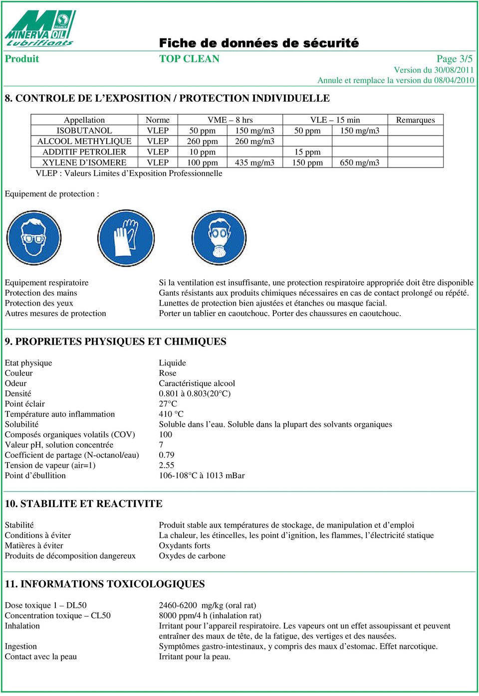 PETROLIER VLEP 10 ppm 15 ppm XYLENE D ISOMERE VLEP 100 ppm 435 mg/m3 150 ppm 650 mg/m3 VLEP : Valeurs Limites d Exposition Professionnelle Equipement de protection : Equipement respiratoire