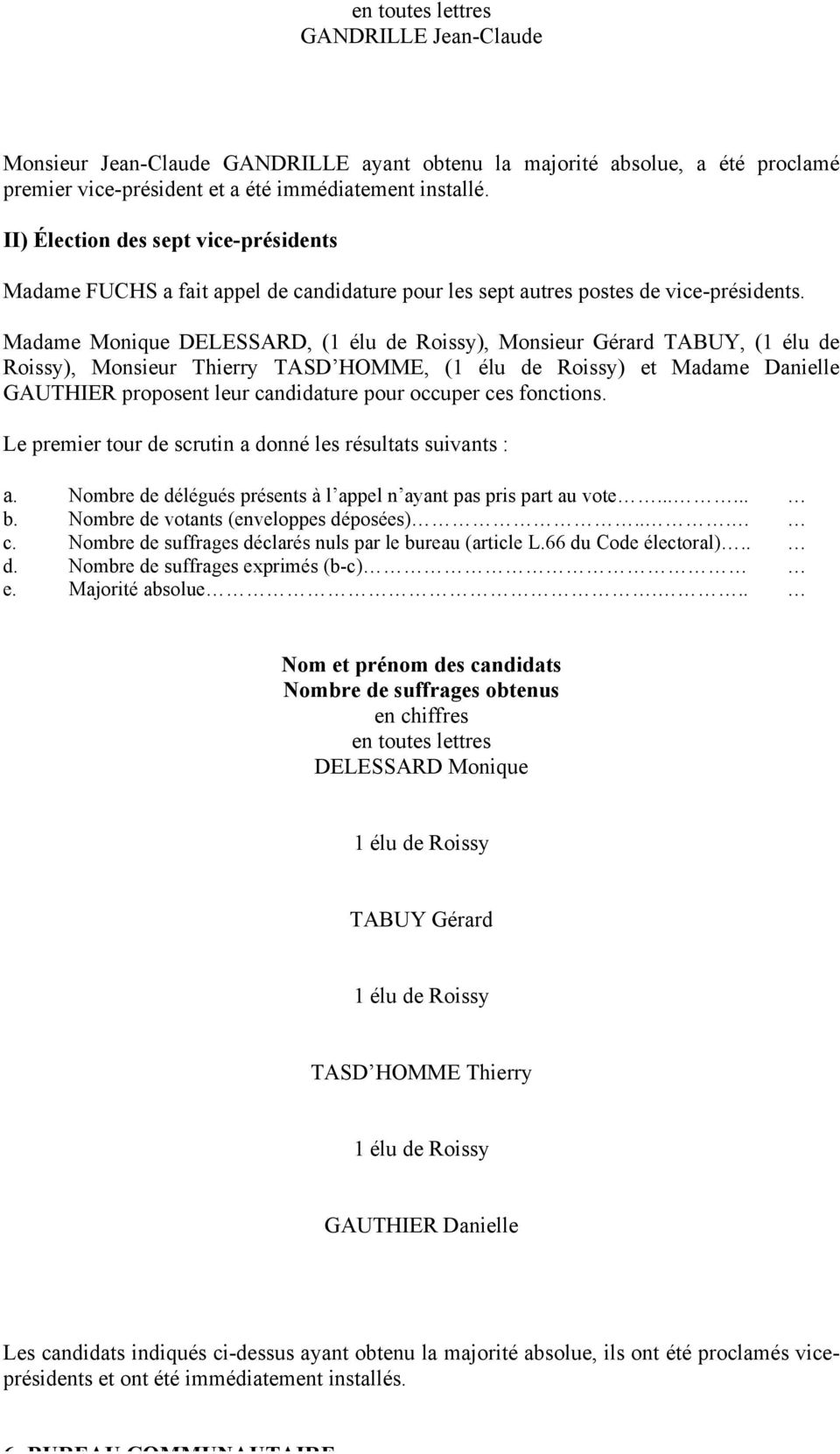 Madame Monique DELESSARD, (1 élu de Roissy), Monsieur Gérard TABUY, (1 élu de Roissy), Monsieur Thierry TASD HOMME, (1 élu de Roissy) et Madame Danielle GAUTHIER proposent leur candidature pour