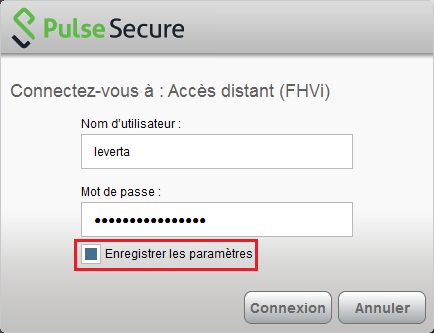 3) Si vous vous connectez pour la première fois ou que votre mot de passe a changé, l application Pulse Secure va vous demander votre nom d utilisateur et mot de passe (identique à Windows).