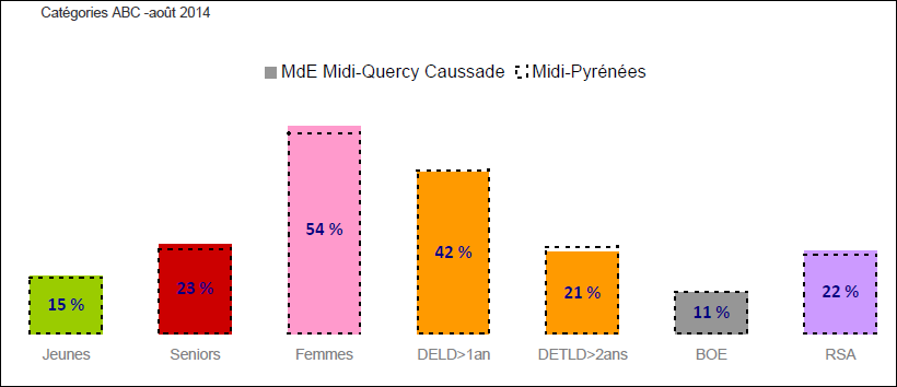 Les publics demandeurs d emploi en Midi Quercy (Aout 2014) Jeunes : DE de 25 ans et moins Séniors : DE de 50 ans et + - DETLD : Demandeur d Emploi de Très Longue Durée BOE : Bénéficiaires de l