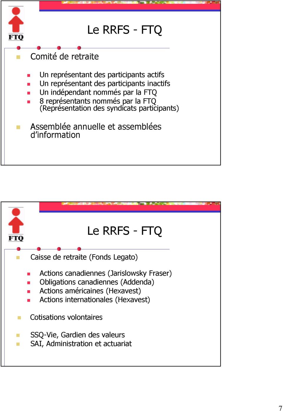 Le RRFS - FTQ Caisse de retraite (Fonds Legato) Actions canadiennes (Jarislowsky Fraser) Obligations canadiennes (Addenda) Actions