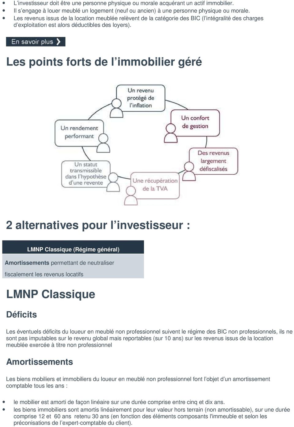 Les points forts de l immobilier géré 2 alternatives pour l investisseur : LMNP Classique (Régime général) Amortissements permettant de neutraliser fiscalement les revenus locatifs LMNP Classique