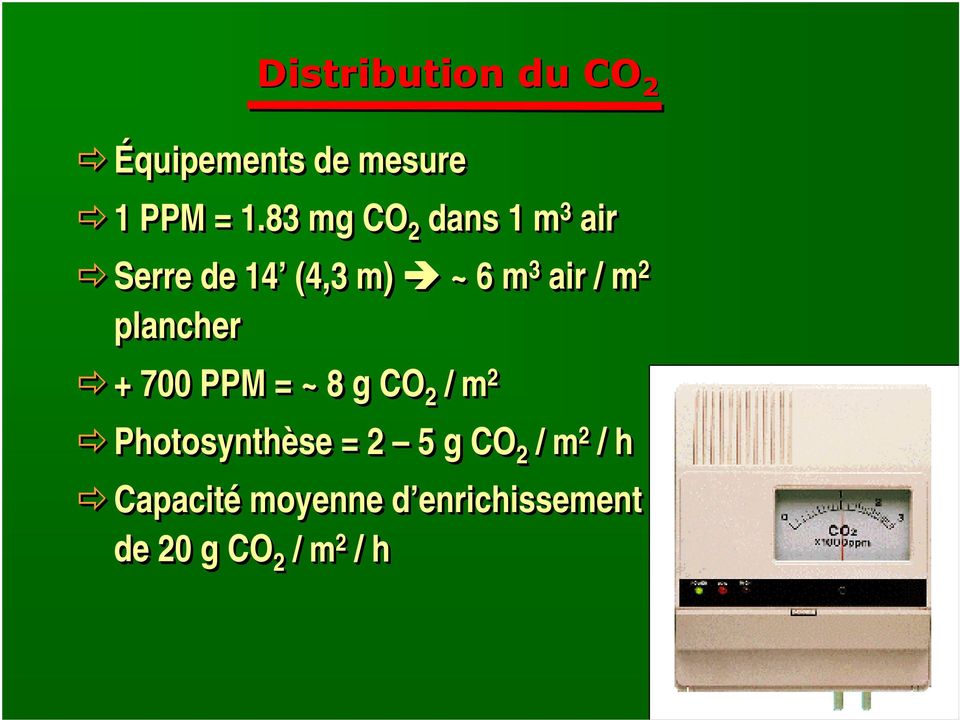 plancher + 700 PPM = ~ 8 g CO 2 / m 2 Photosynthèse se = 2 5 g