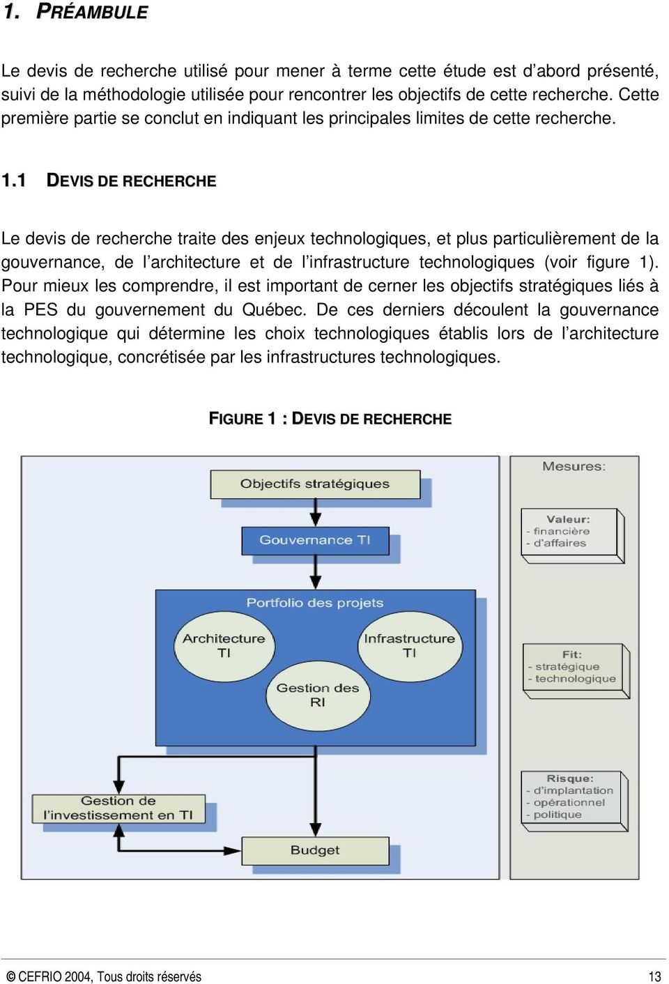1 DEVIS DE RECHERCHE Le devis de recherche traite des enjeux technologiques, et plus particulièrement de la gouvernance, de l architecture et de l infrastructure technologiques (voir figure 1).