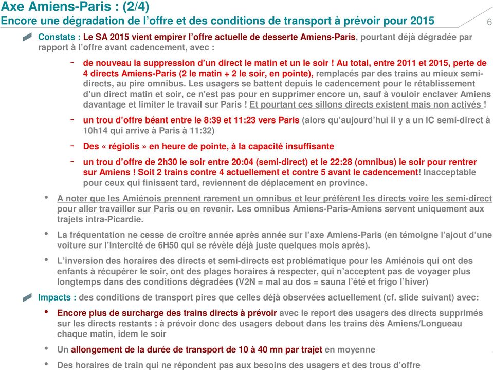 Au total, entre 2011 et 2015, perte de 4 directs Amiens-Paris (2 le matin + 2 le soir, en pointe), remplacés par des trains au mieux semidirects, au pire omnibus.