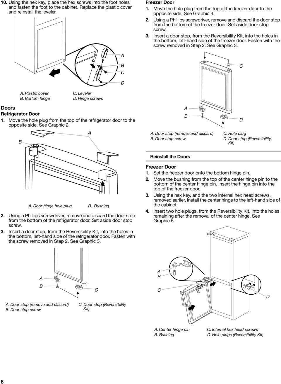 Set aside door stop screw. 3. Insert a door stop, from the Reversibility Kit, into the holes in the bottom, left-hand side of the freezer door. Fasten with the screw removed in Step 2. See Graphic 3.