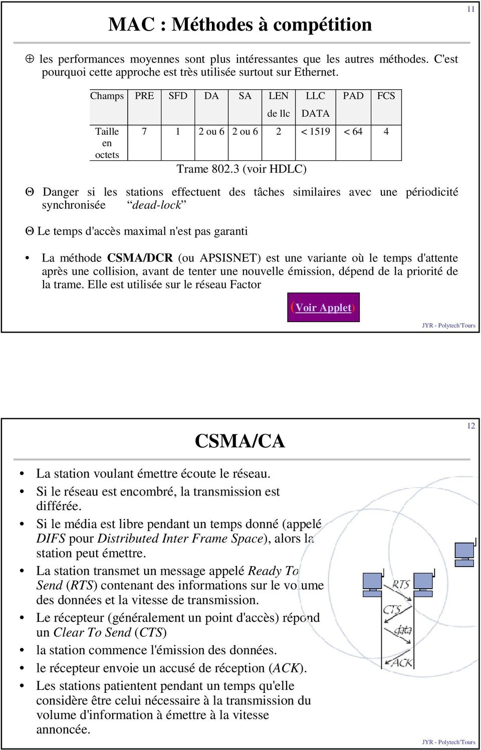 3 (voir HDLC) Θ Danger si les stations effectuent des tâches similaires avec une périodicité synchronisée dead-lock Θ Le temps d'accès maximal n'est pas garanti de llc La méthode CSMA/DCR (ou