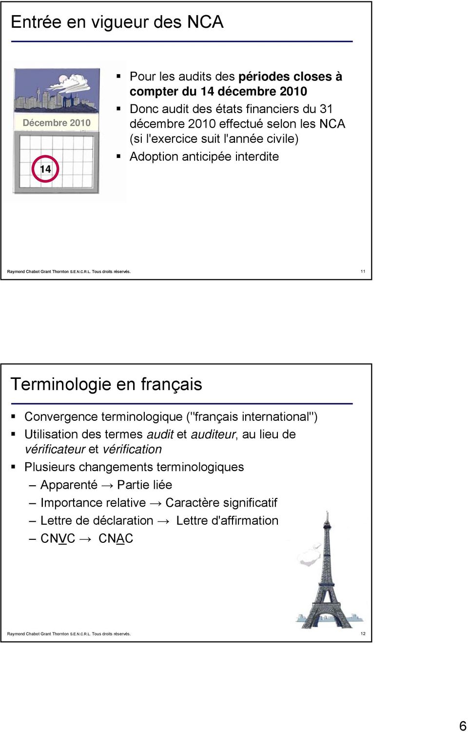 Convergence terminologique ("français international") Utilisation des termes audit et auditeur, au lieu de vérificateur et vérification
