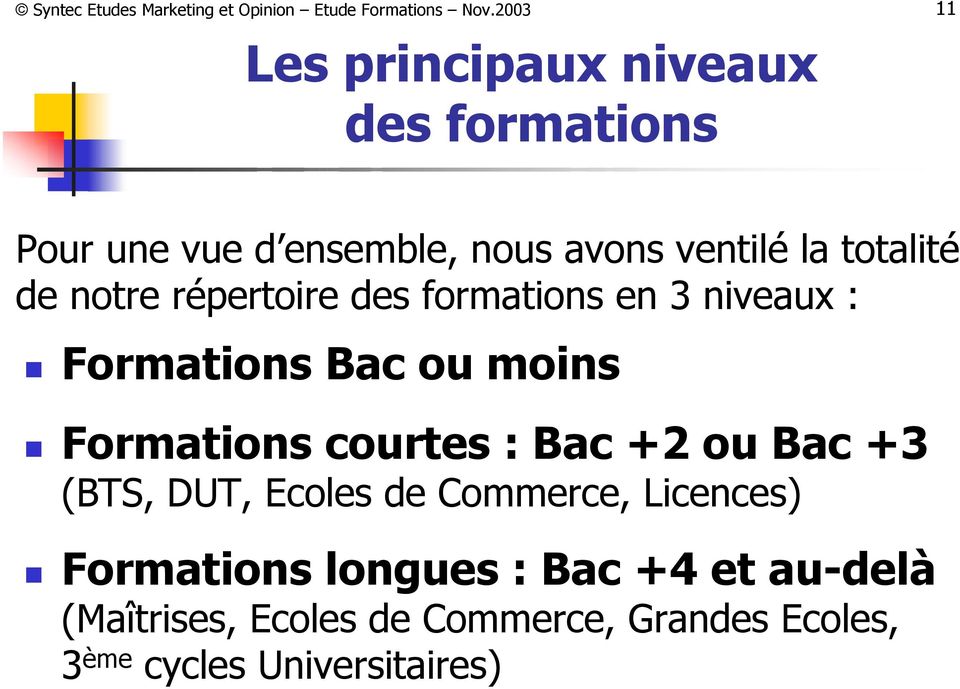 Formations courtes : Bac +2 ou Bac +3 (BTS, DUT, Ecoles de Commerce, Licences) Formations