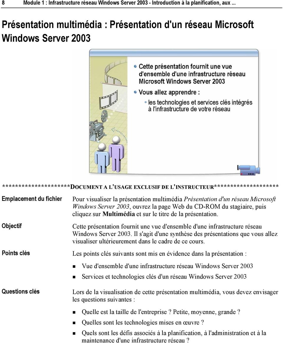 Objectif Points clés Questions clés Pour visualiser la présentation multimédia Présentation d'un réseau Microsoft Windows Server 2003, ouvrez la page Web du CD-ROM du stagiaire, puis cliquez sur