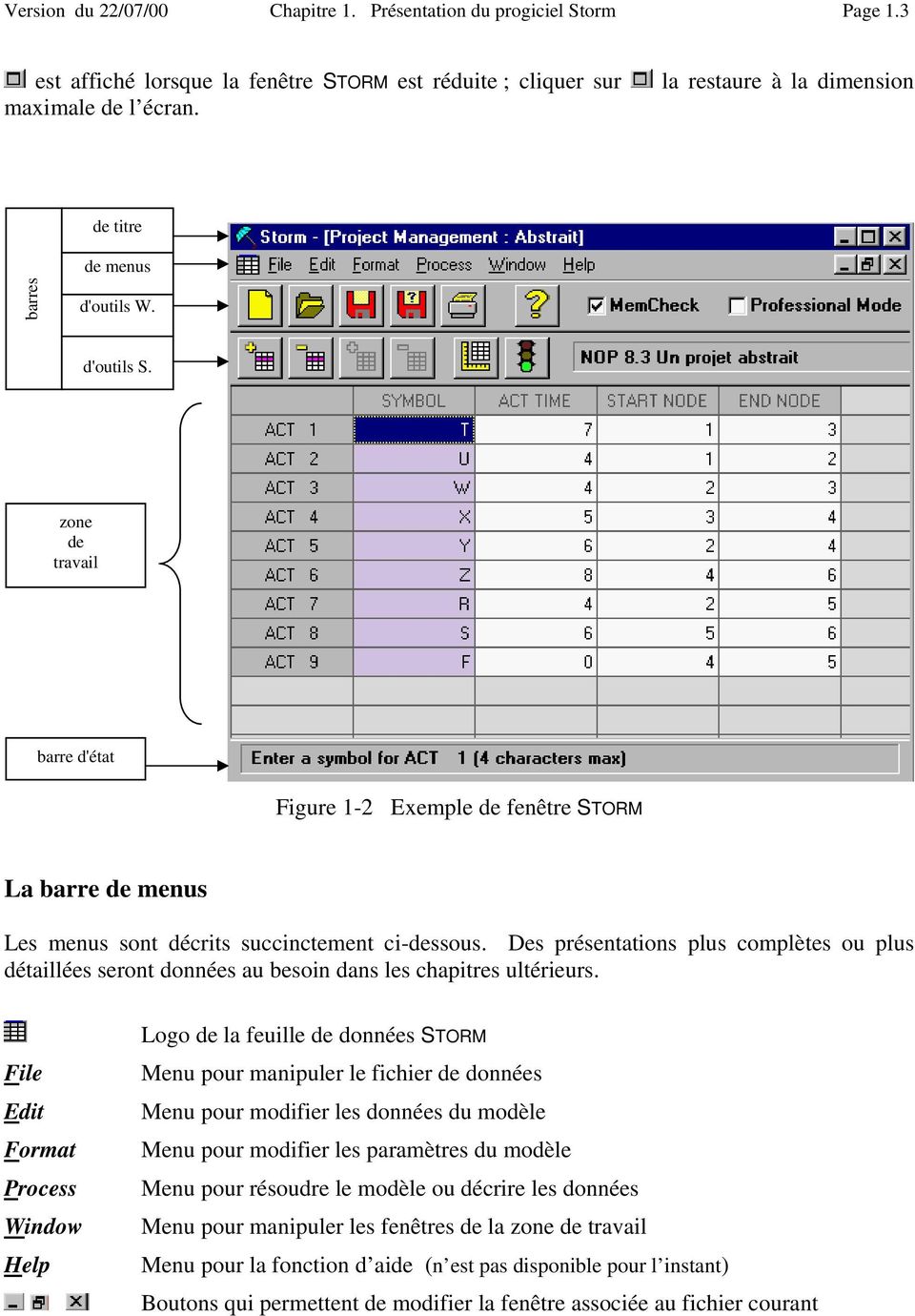 zone de travail barre d'état Figure 1-2 Exemple de fenêtre STORM La barre de menus Les menus sont décrits succinctement ci-dessous.