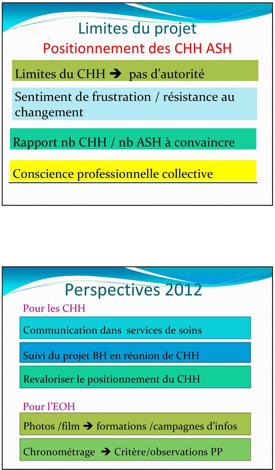Perspectives 2012 Pour les CHH Communication dans services de soins Suivi du projet BH en réunion de CHH