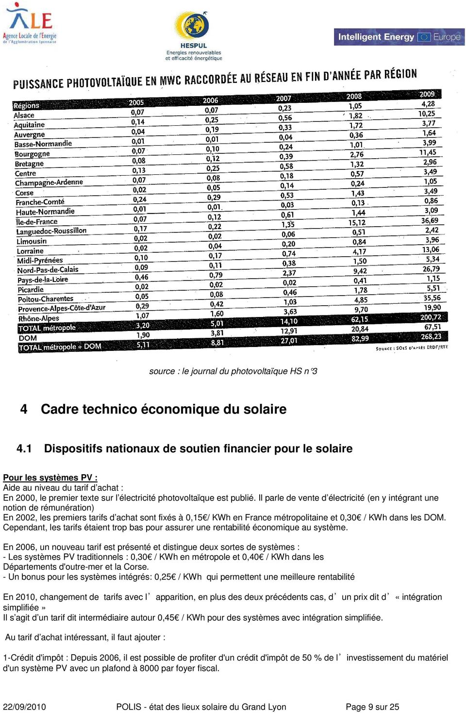 Il parle de vente d électricité (en y intégrant une notion de rémunération) En 2002, les premiers tarifs d achat sont fixés à 0,15 / KWh en France métropolitaine et 0,30 / KWh dans les DOM.
