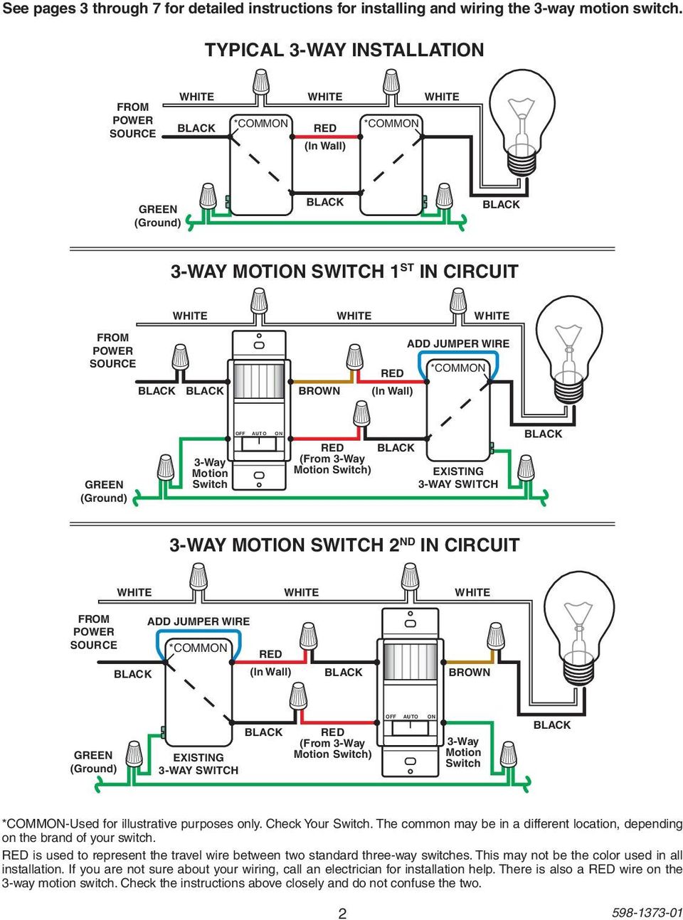 BROWN (In Wall) GREEN (Ground) 3-Way Motion Switch RED (From 3-Way Motion Switch) EXISTING 3-WAY SWITCH 3-WAY MOTI SWITCH 2 ND IN CIRCUIT WHITE WHITE WHITE FROM POWER SOURCE ADD JUMPER WIRE *COMM RED