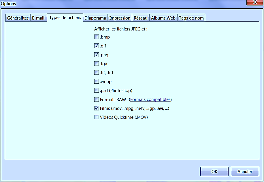 le menu «Outils / Options / Types de fichiers» qui permet de déclarer les fichiers concernés Cocher ici les cases des formats utilisés - en plus de.