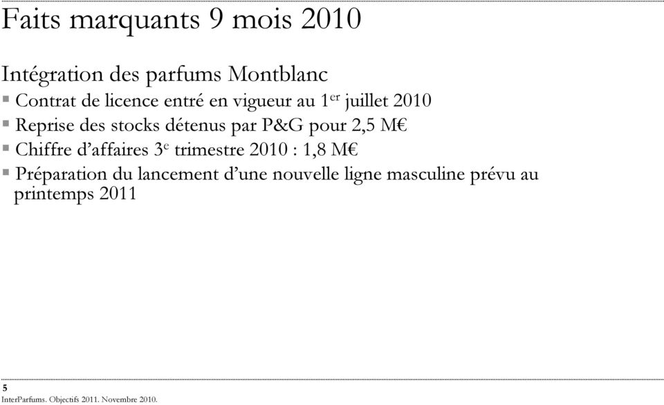par P&G pour 2,5 M Chiffre d affaires 3 e trimestre 2010 : 1,8 M